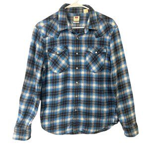 Levi's Blue Plaid Flannel Button-Up Shirt With Pearl Snaps Size Small GUC